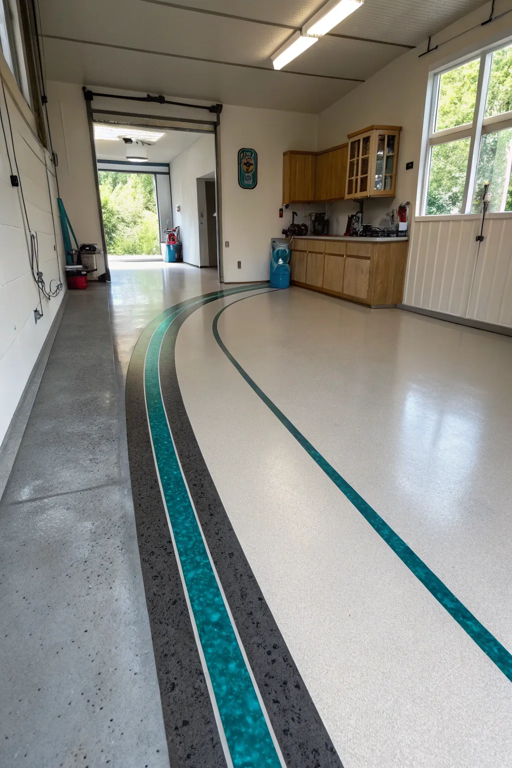 A glossy epoxy river cuts through a calm neutral base, guiding the eye inward with modern flow.