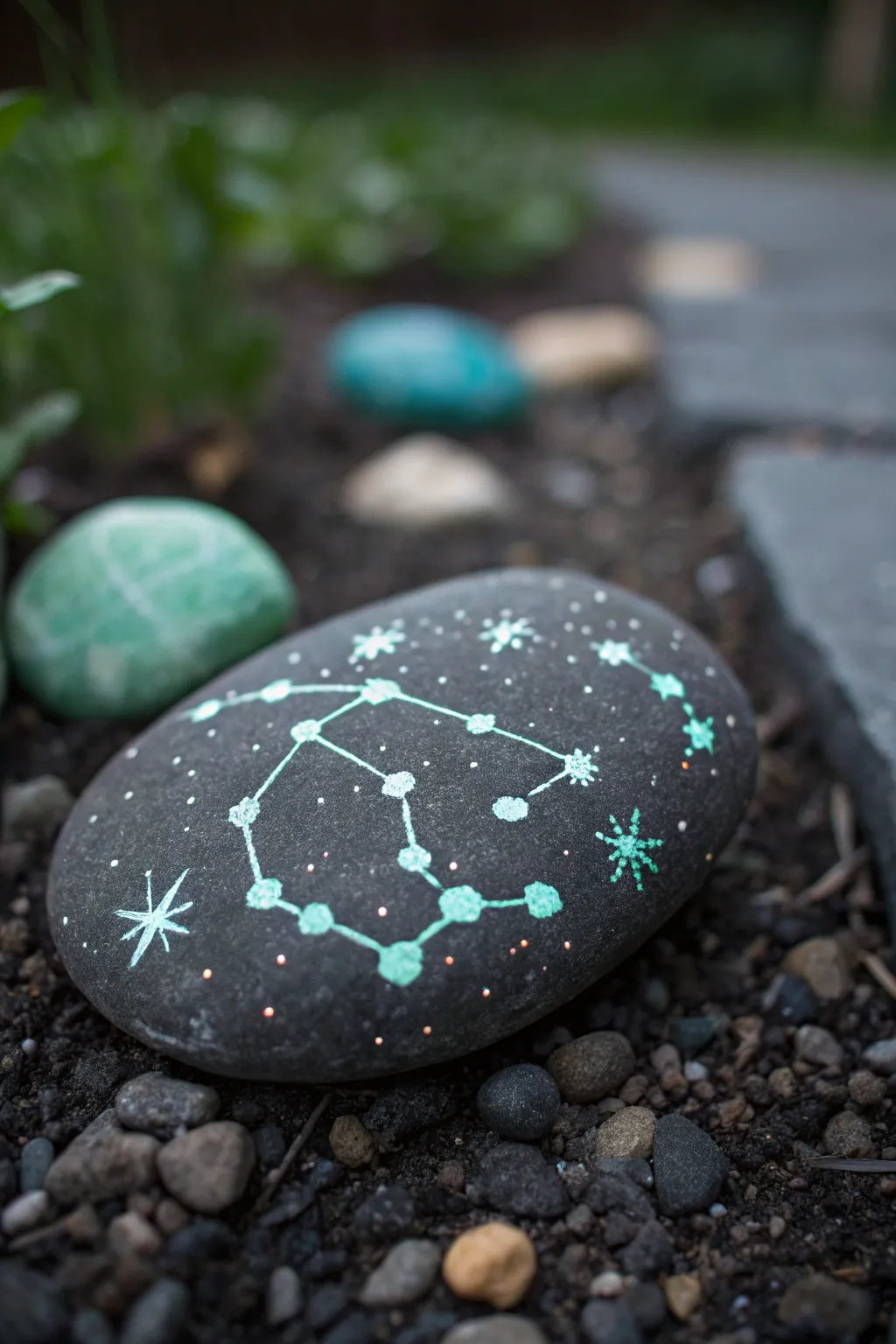 A single glowing constellation rock guiding a dreamy dusk garden trail, simple and handmade.