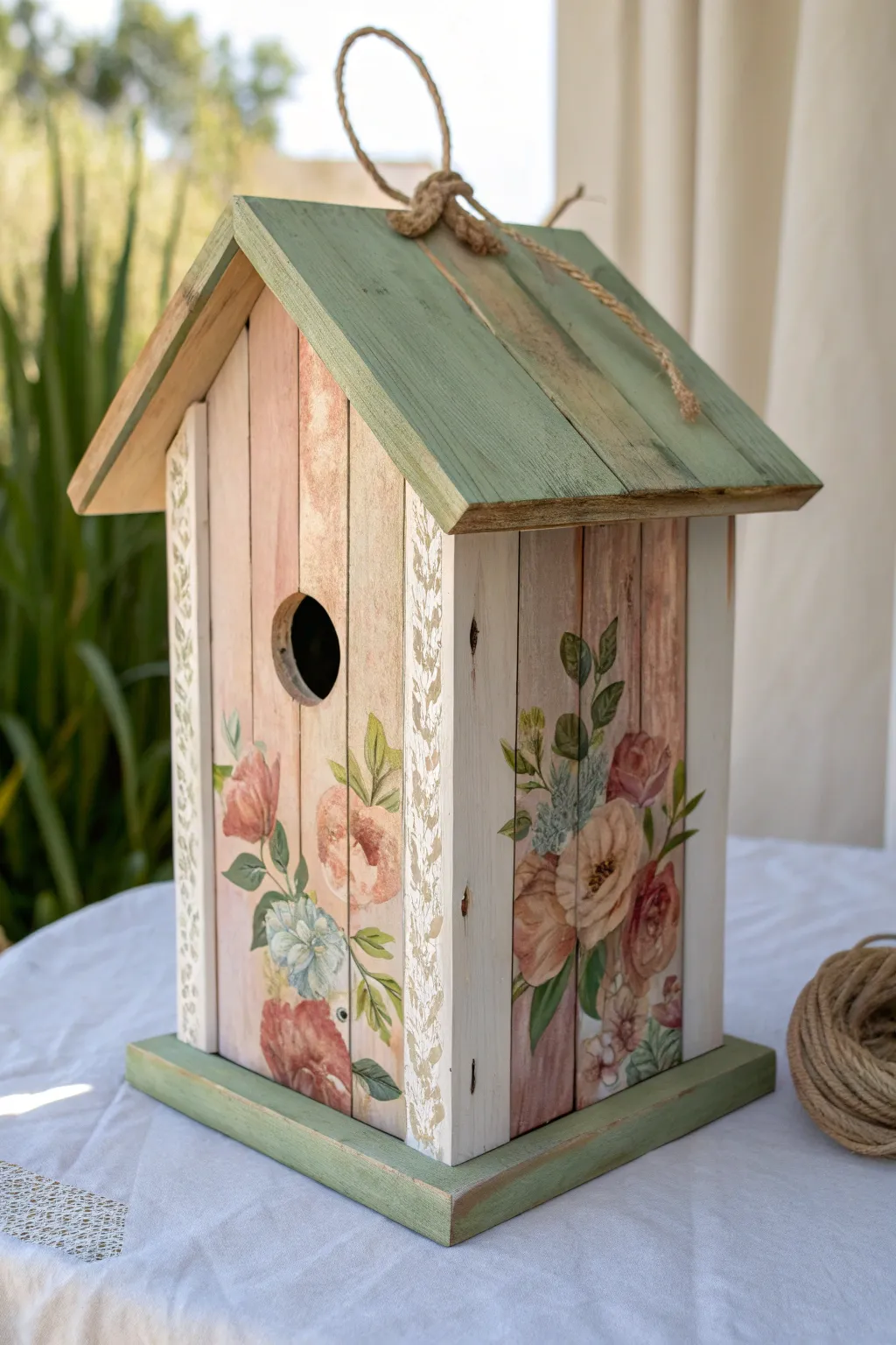 Dreamy watercolor washes on a minimalist gazebo birdhouse, airy gradients and a clean solid roof.