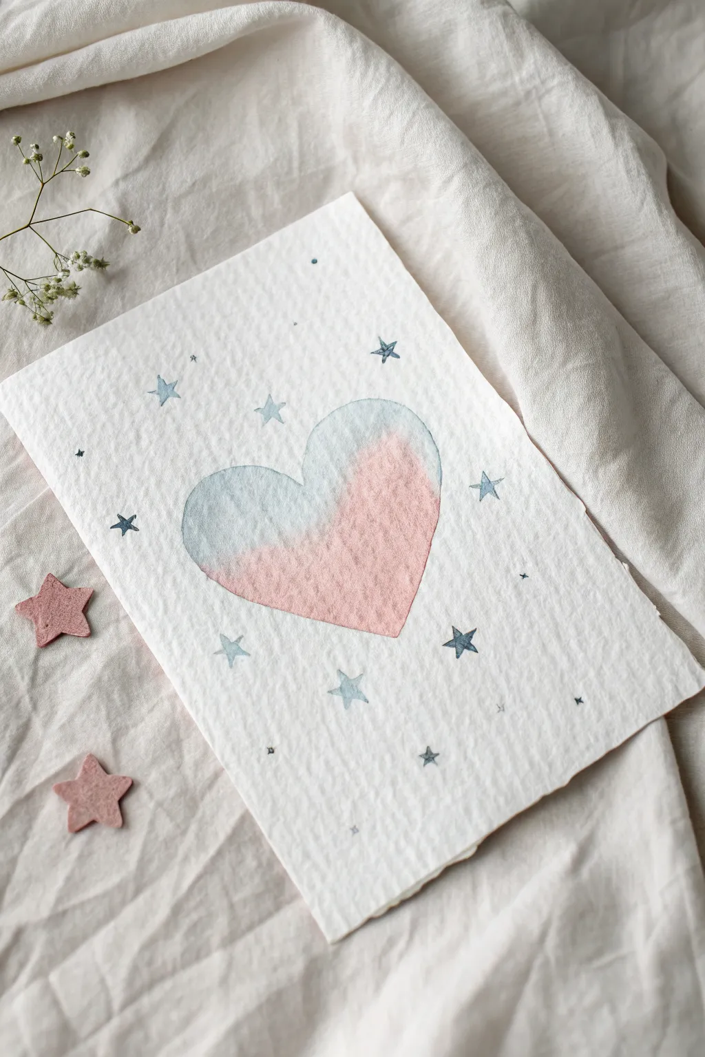 Soft belly silhouette with a watercolor heart fill and tiny stars for a simple gender reveal