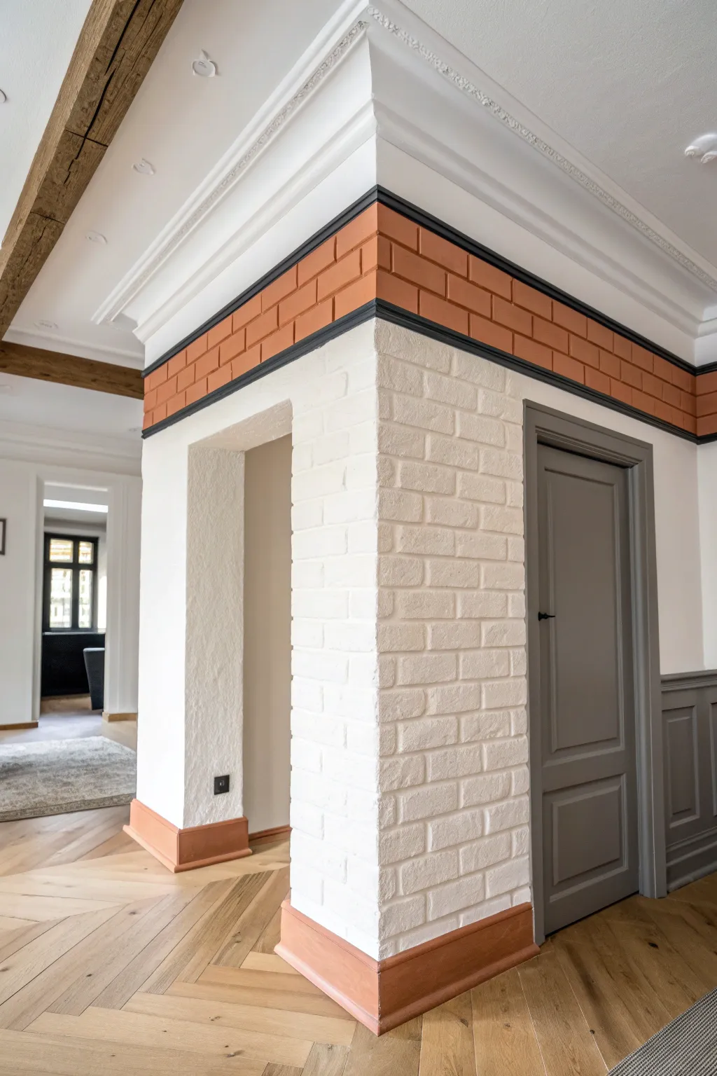 Bold ceiling-to-wall geometric band creates a clean Scandinavian statement with boho warmth.