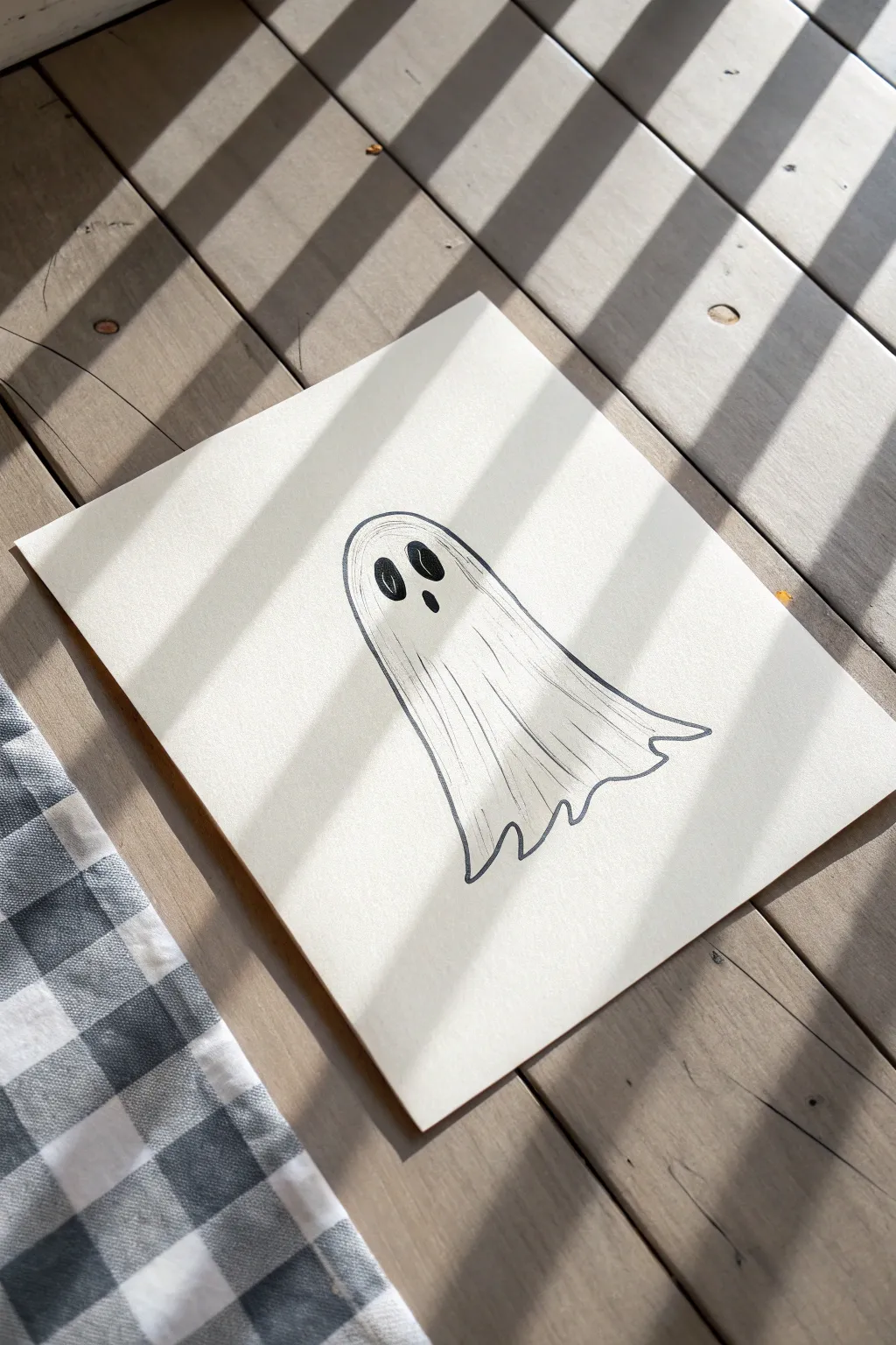 See-through ghost sketch with bold outline and subtle pattern shining through, clean and cozy.