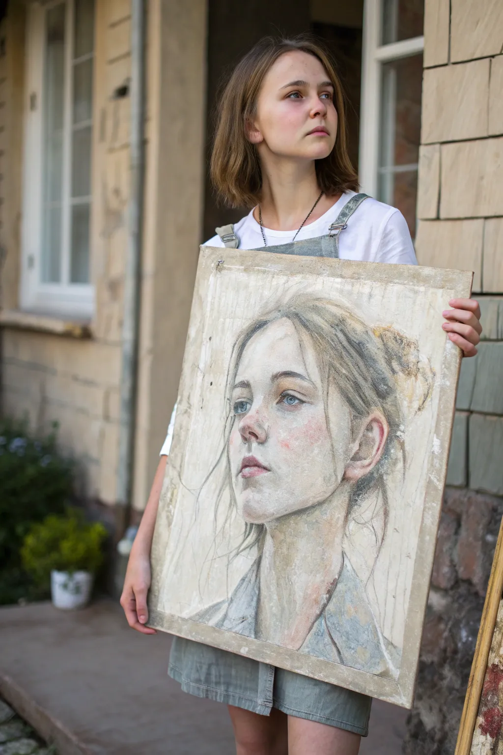 Minimal girl portrait on canvas with a richly textured mixed-media dress in soft boho neutrals.