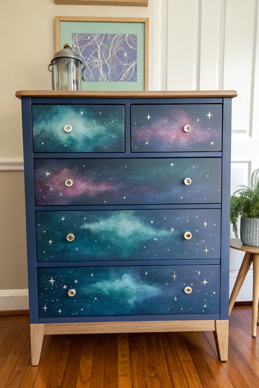 DIY galaxy night sky dresser with star speckles and dreamy nebula clouds, minimalist boho vibe.