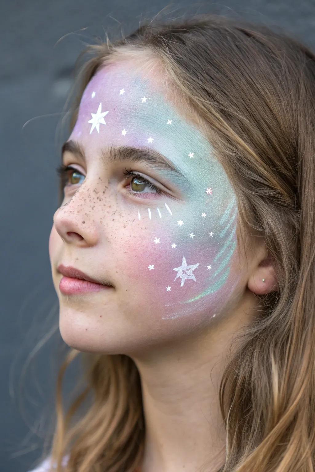 Pastel galaxy face paint with tiny starbursts, softly glowing against a deep, moody backdrop.