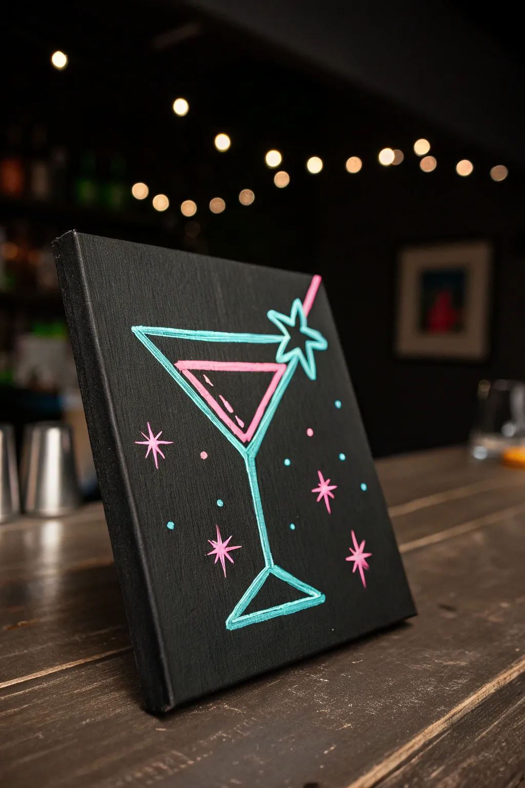 Neon glow canvas for girls night: minimalist cocktail line art that pops in low light