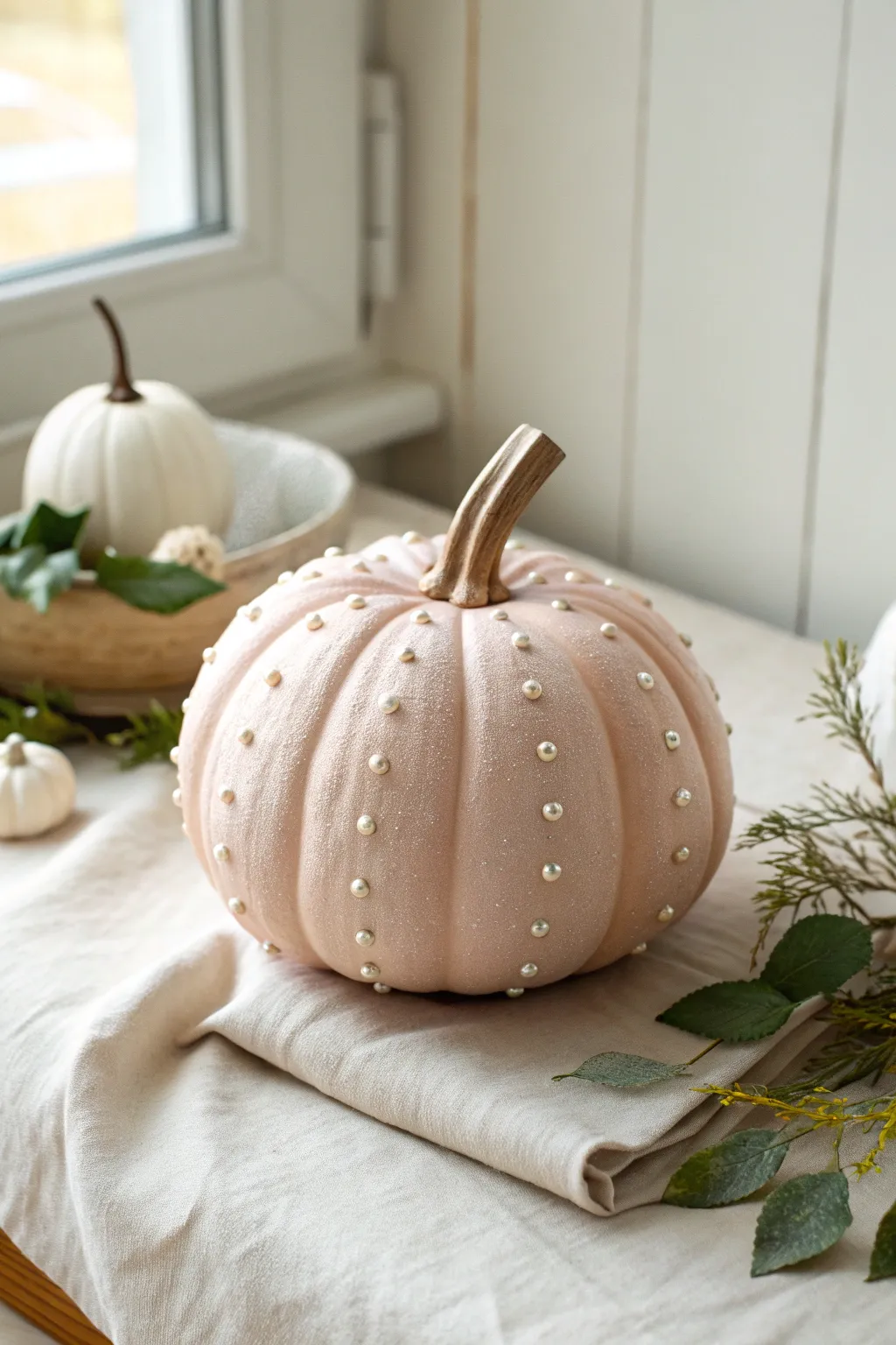 Pearl-studded pastel pumpkin idea with minimalist Scandinavian charm and a soft boho touch