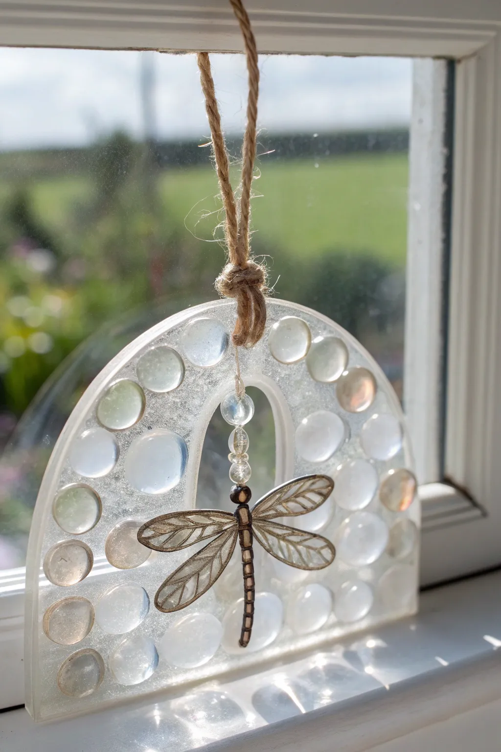 Sunlit resin window hang with glass pebble dragonfly motif, minimal Scandinavian boho glow.