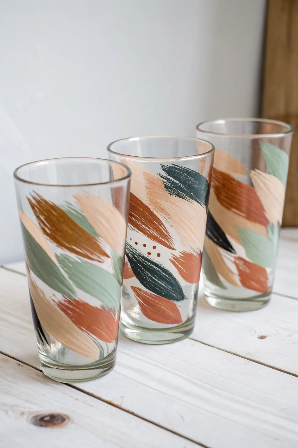 Layered abstract brush dashes turn simple glass cups into a modern, coordinated painted set.