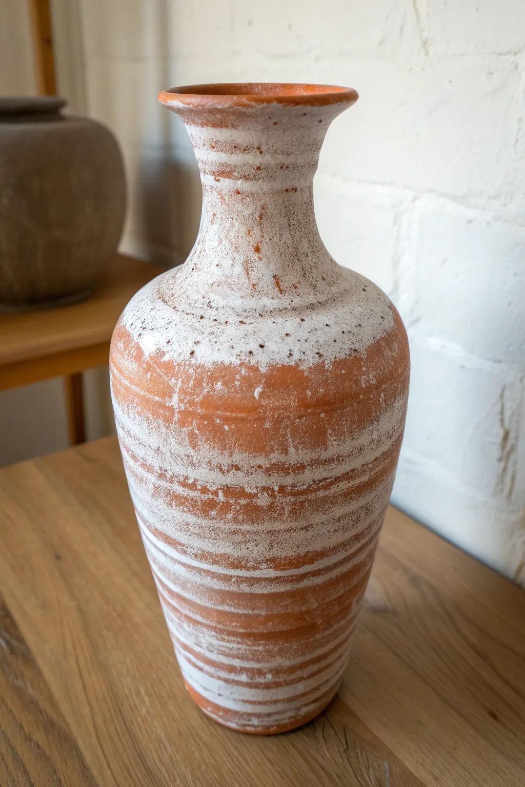 Glass vase with faux terracotta grit texture, minimalist styling and warm shadowed contrast.