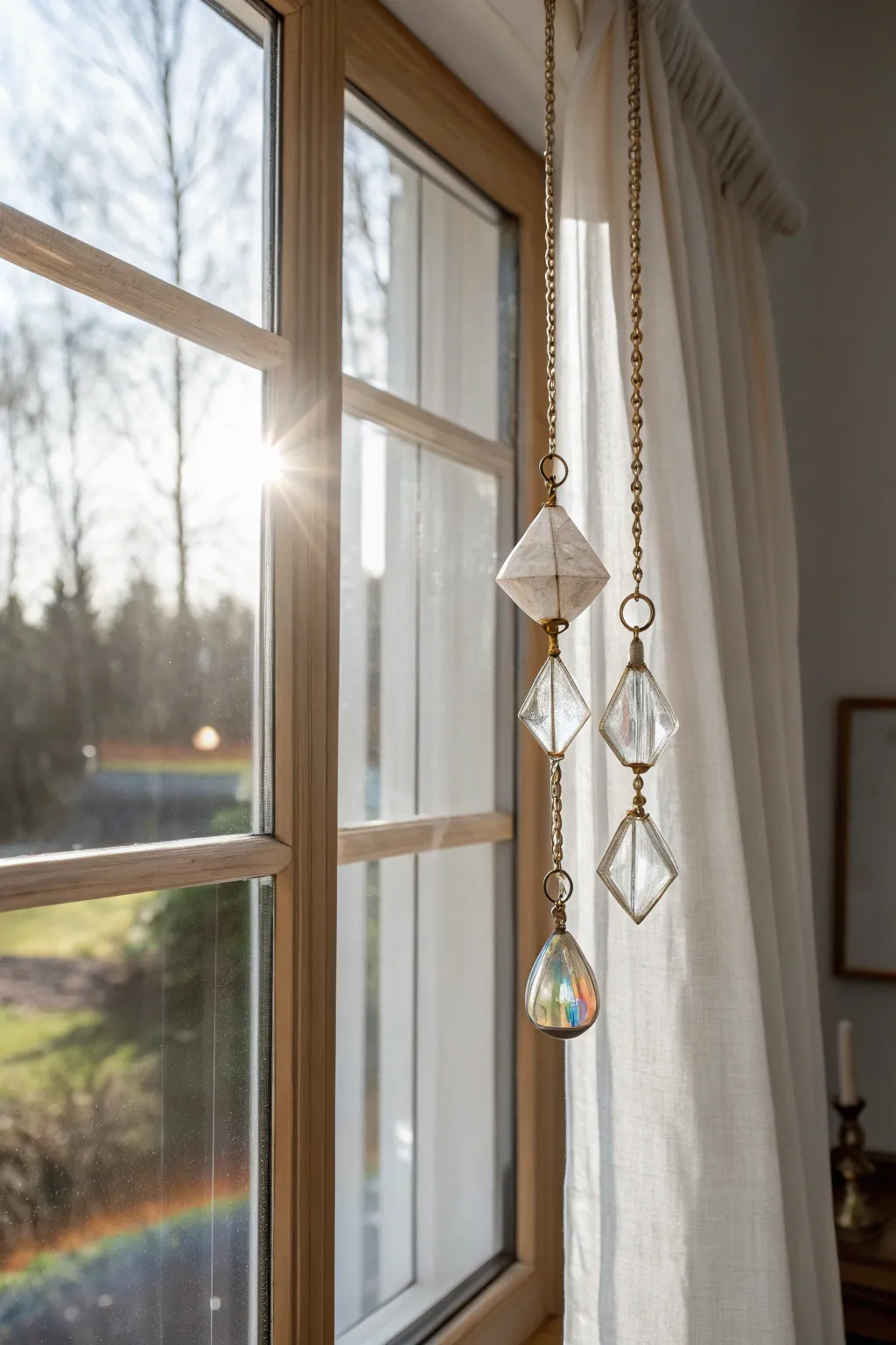 Minimal glass suncatcher cluster that paints soft rainbow specks across a bright window