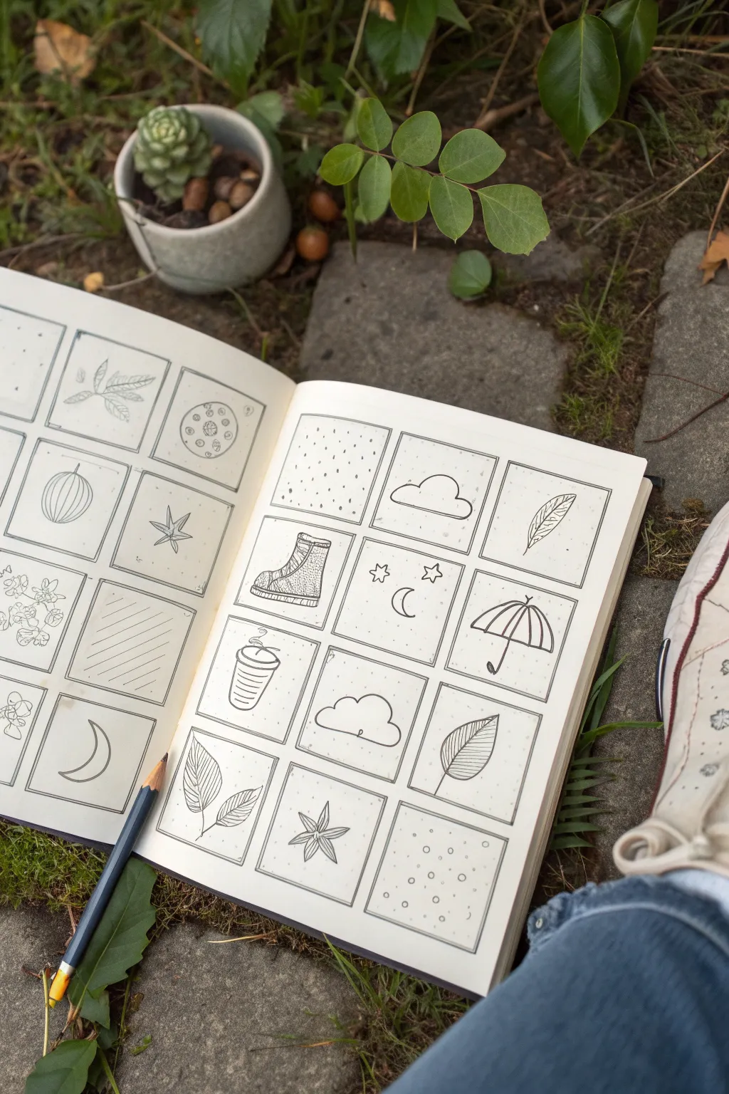 Tiny sketch grid spread filled with quick micro-drawings for an easy 5-minute challenge