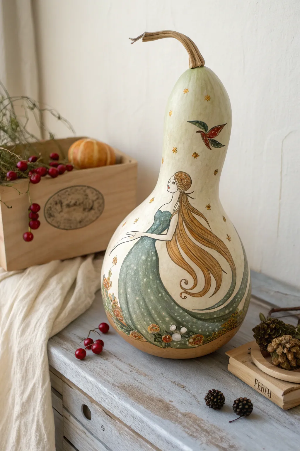 Curved gourd fantasy character painting, with the neck transformed into flowing hair and tail.