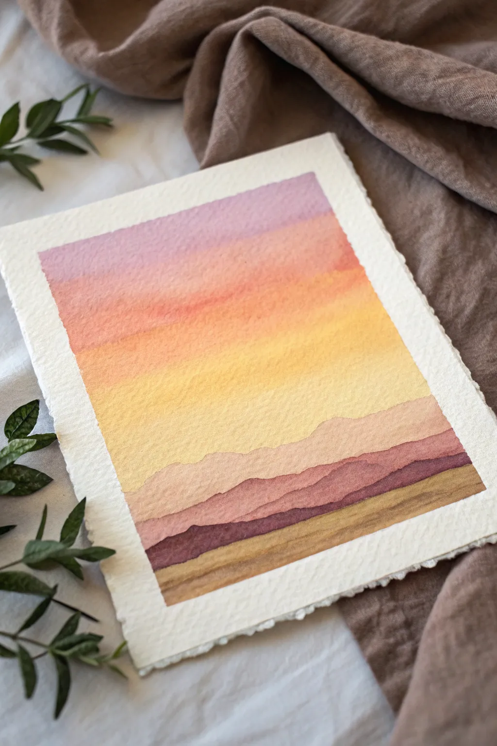 Paint a desert heat haze sky gradient from butter yellow to lavender with bold dune contrast.