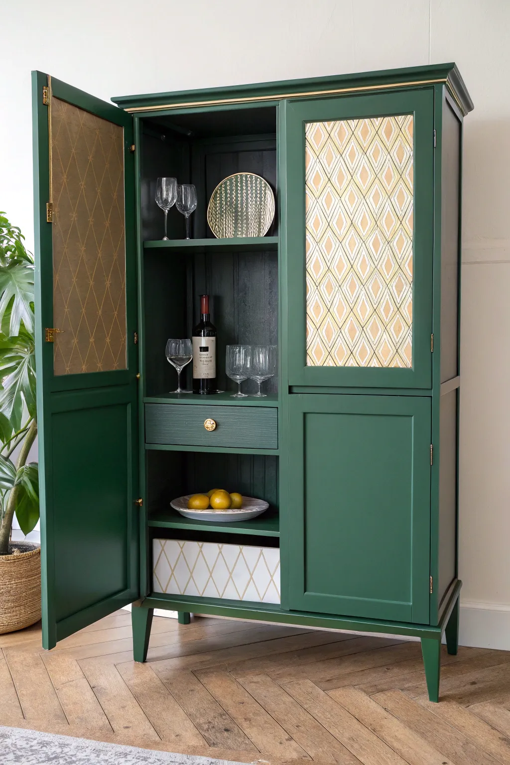 Deep green bar cabinet opened to reveal a patterned back panel and simple glassware styling