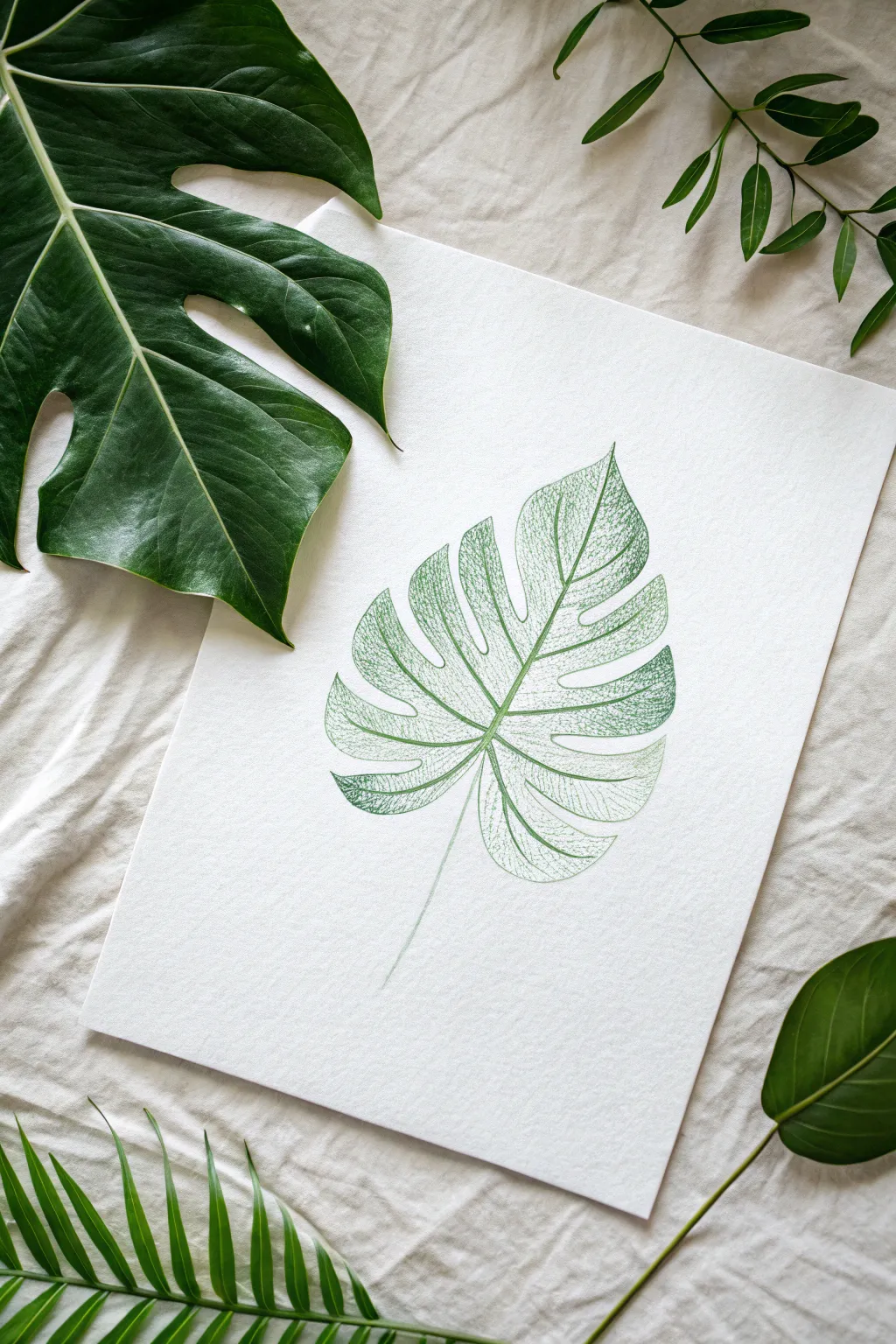Fresh green washes frame a crisp leaf silhouette, a calm minimalist negative-space painting idea.