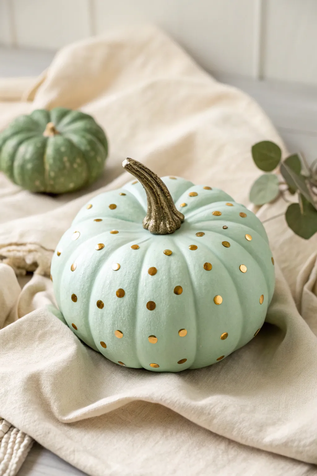 Mint green pumpkin with neat gold polka dots for a fresh, minimalist fall centerpiece.