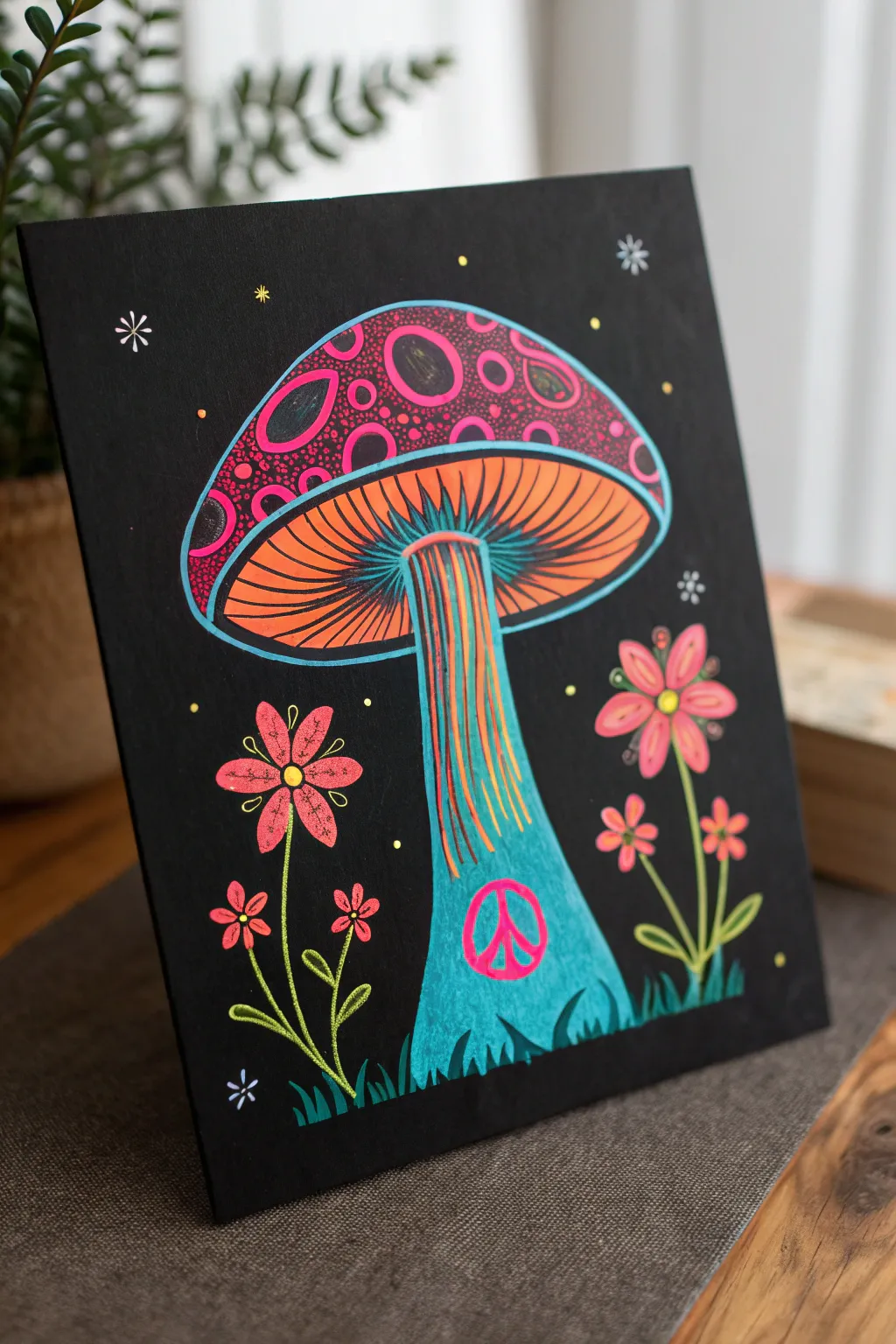 Groovy neon mushroom on deep black for an easy psychedelic silhouette painting with bold contrast
