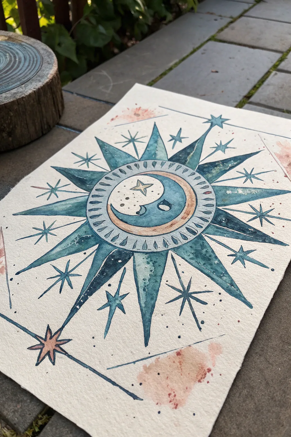 Celestial grunge tarot sun and moon with sharp rays, scratched halos, and subtle neon pops