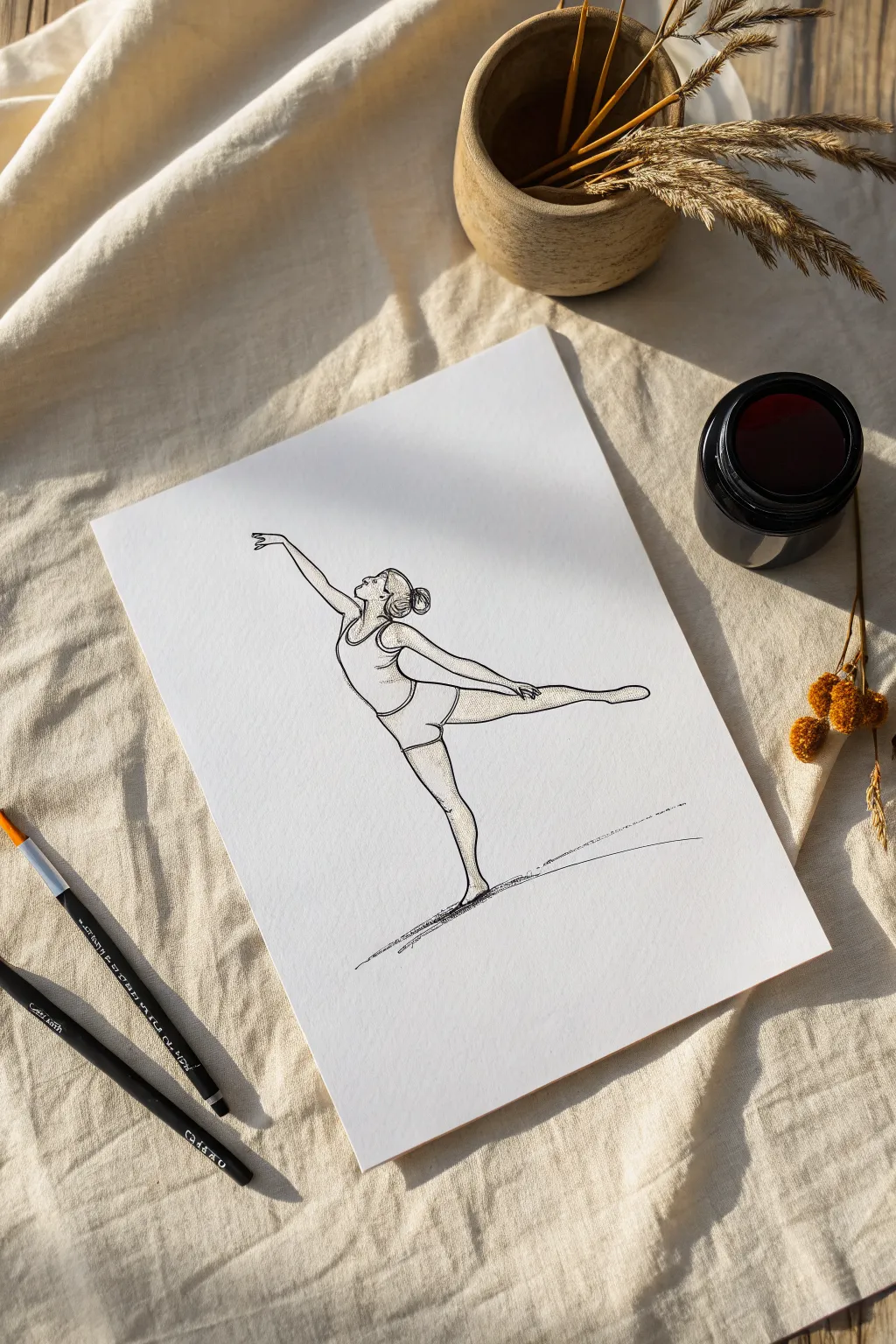 Continuous line gymnast split with subtle line weight, minimalist contrast and calm boho warmth