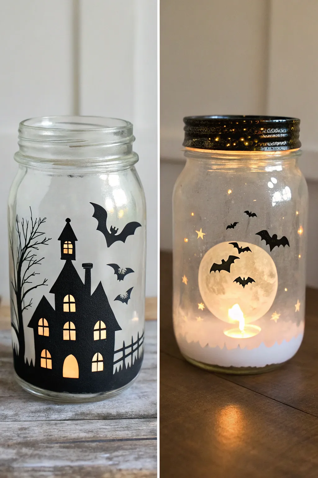 Haunted jar glass painting with glow-in-the-dark moon, stars, and eerie window eyes