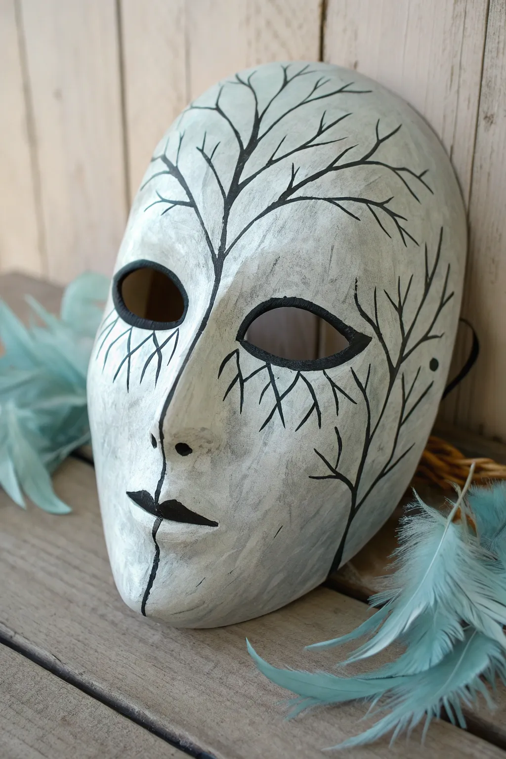 Gothic mask textures: black branching veins with eerie blue-green glaze on a pale base.