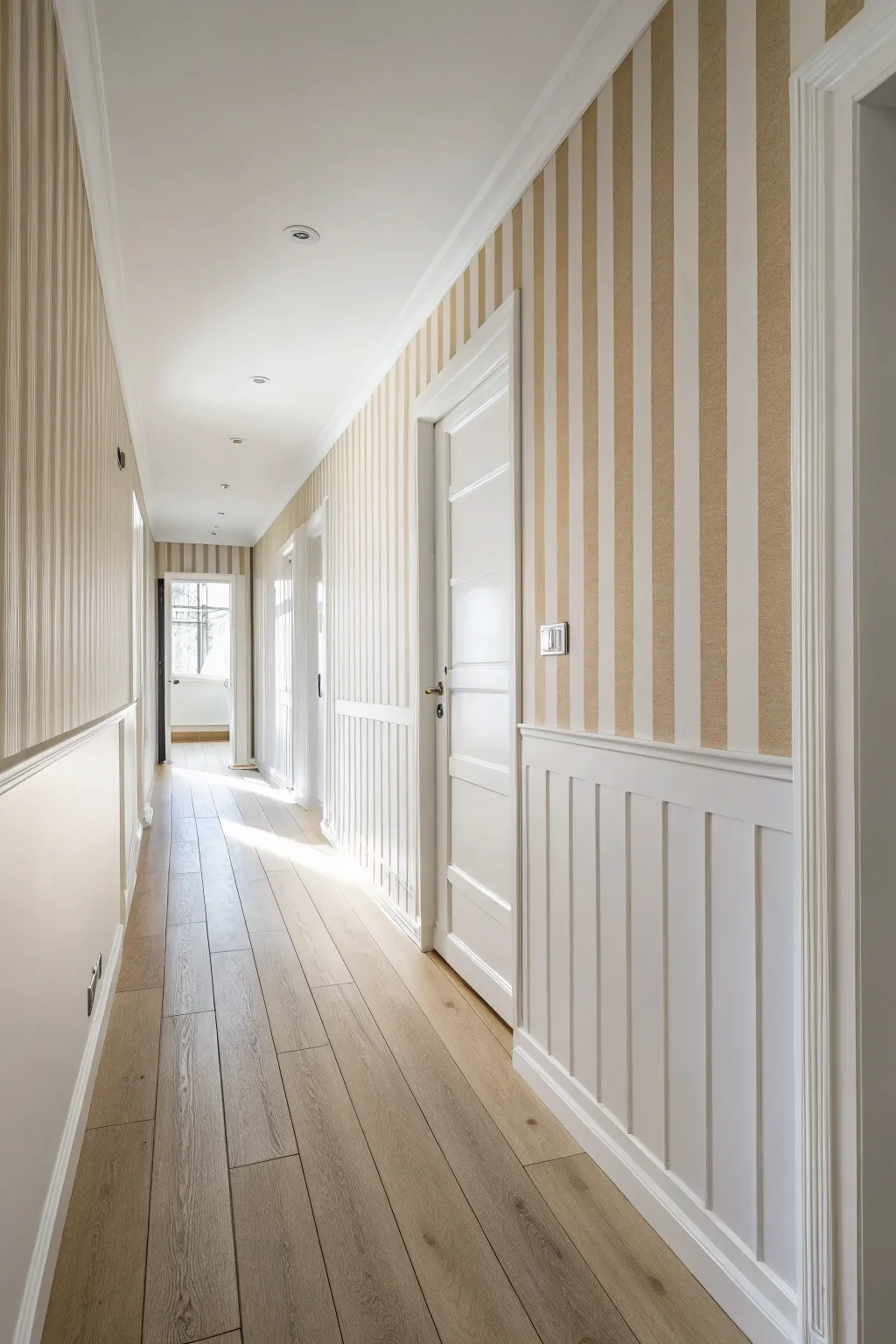 Tone-on-tone painted stripes stretch a minimalist hallway upward, adding quiet chic Scandinavian style.