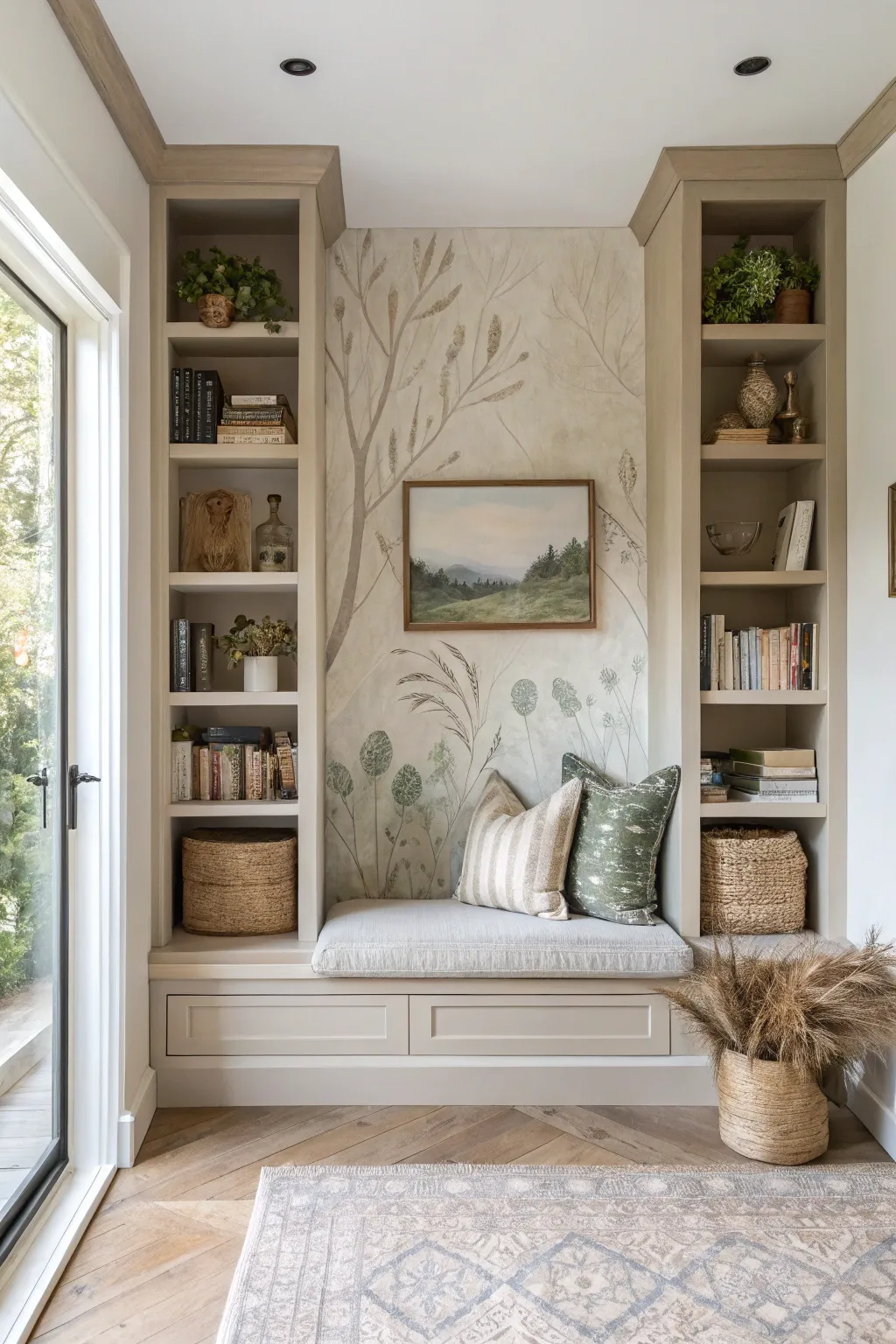 A wraparound mural turns this minimalist reading nook into a cozy, painted little world.