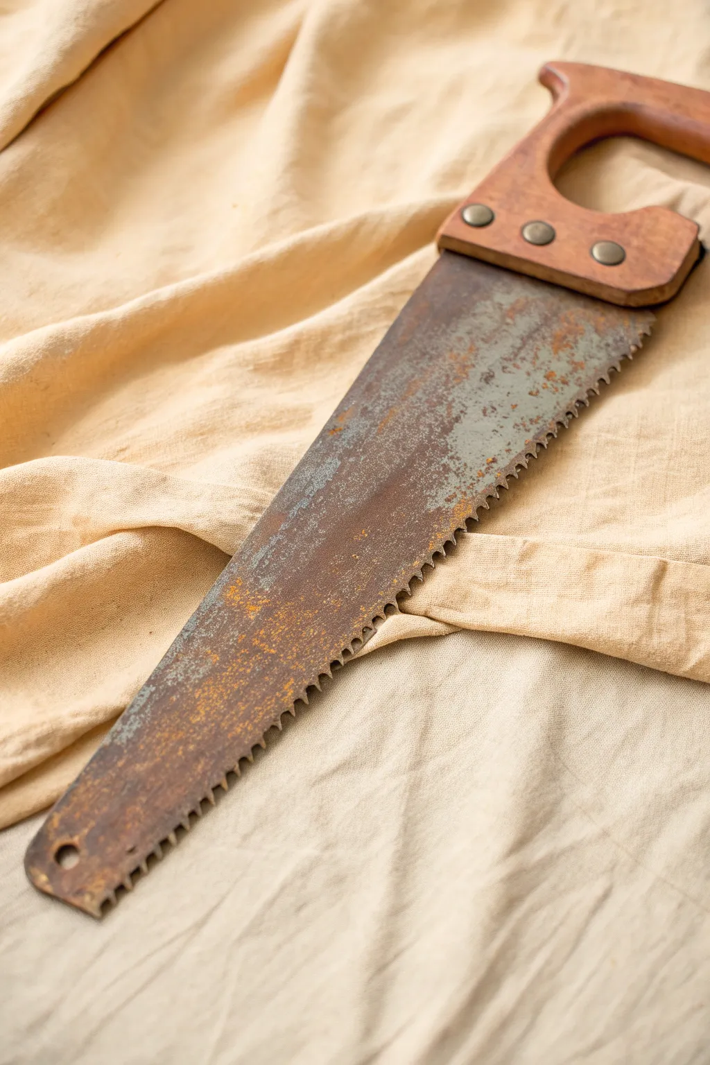 Vintage hand saw with rust patina and sheer color washes for a soft stained-metal effect