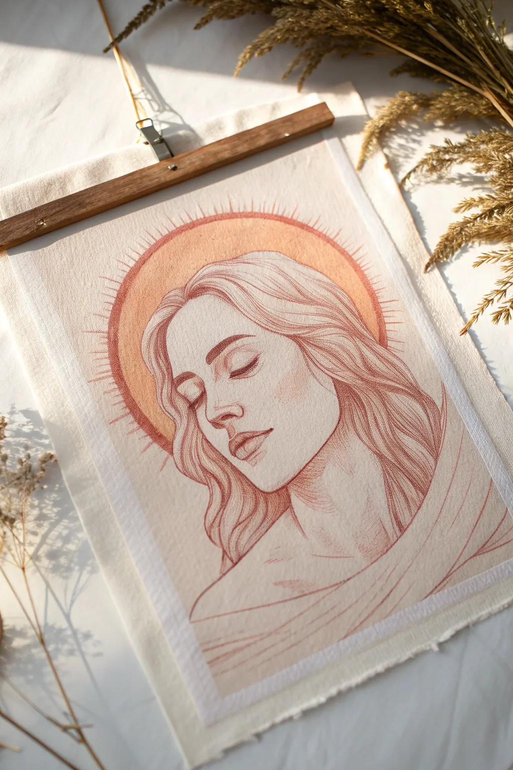 Warm aura portrait in soft terracotta and peach, a minimalist happiness drawing to recreate