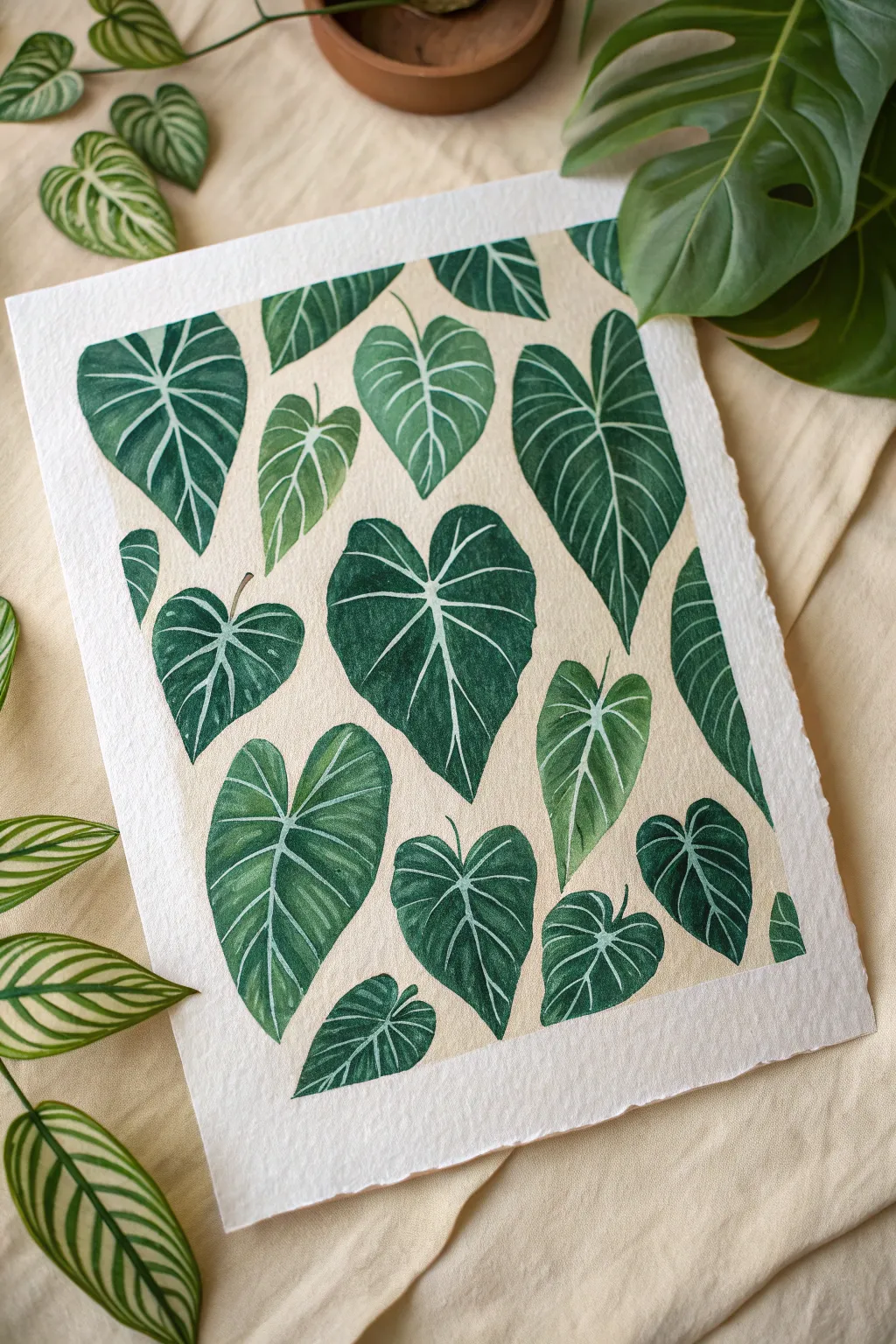 Bold taro leaf repeat pattern in rich greens, a minimalist Hawaii botanical for your wall.