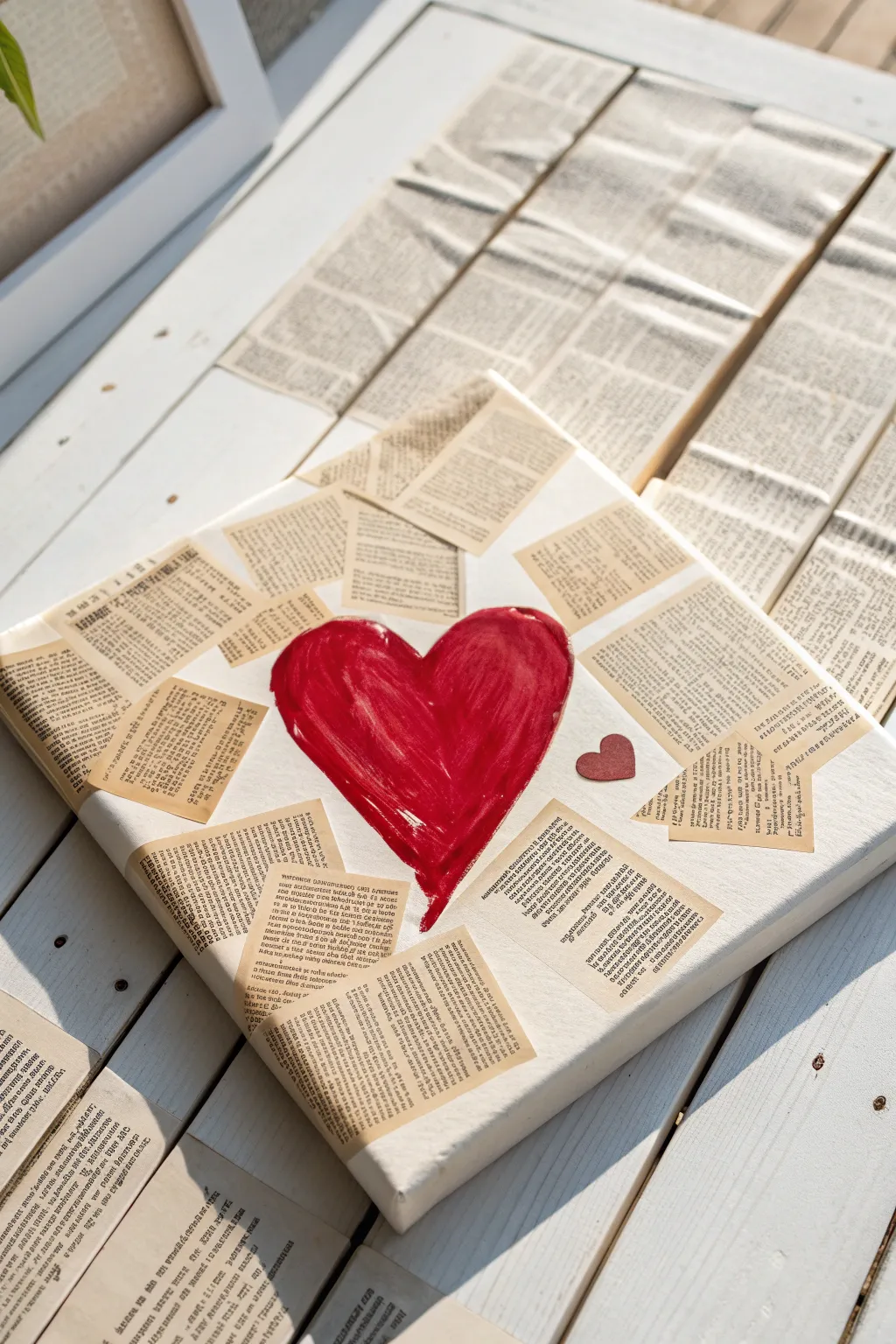 Create a vintage vibe with this textured newspaper strips and red heart painting.