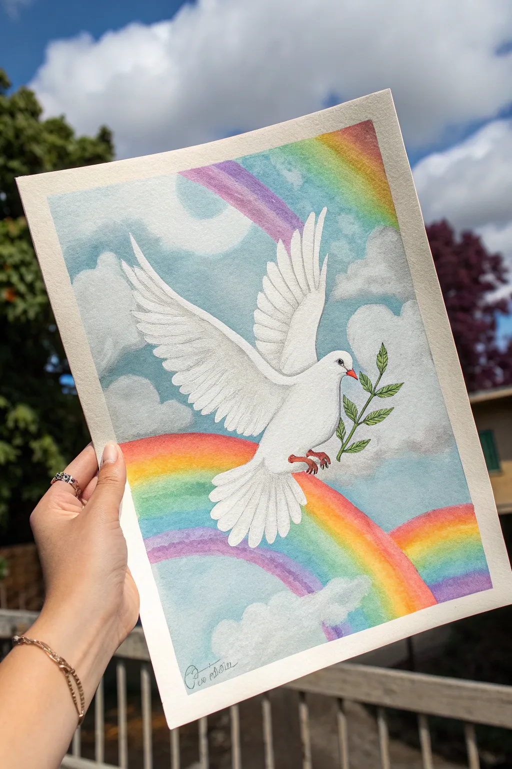 A white dove with olive branch soaring through dreamy rainbow clouds with hidden peace symbols