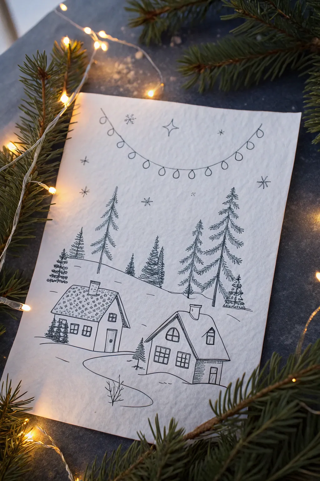 Minimal snowy village drawing with rooftop garlands, warm windows, and a calm winter-night glow