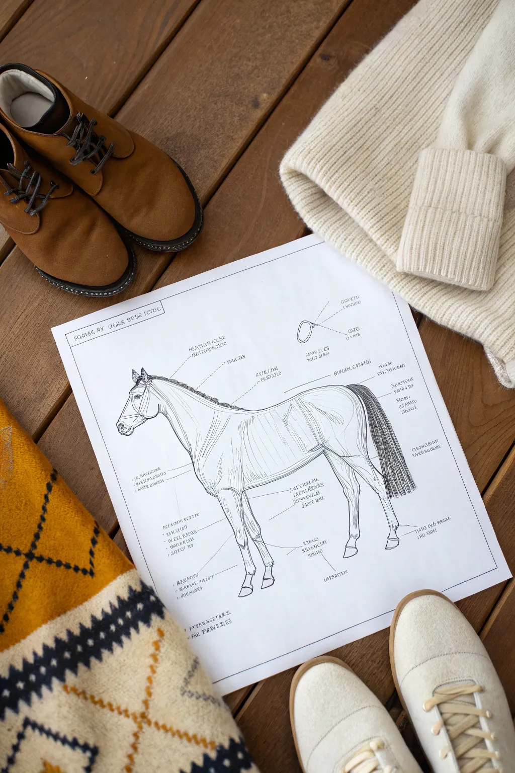 Minimal horse coat pattern study: spots, soft stripes, and crisp white socks in one sheet