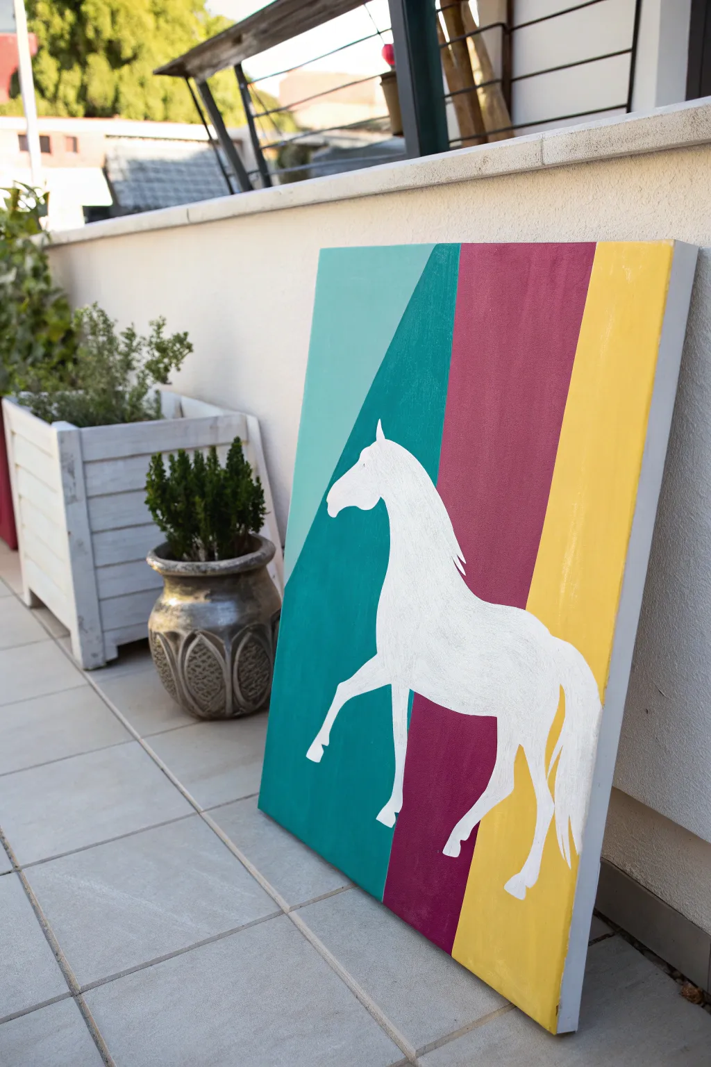 Vibrant pop-color horse painting idea with unexpected teal, magenta, and yellow blocks