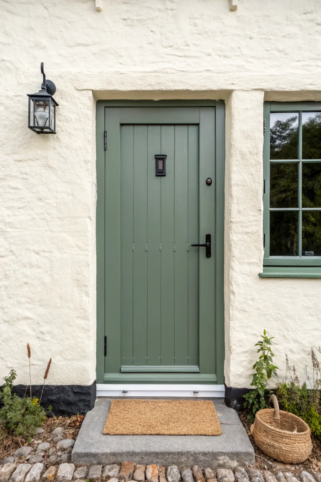 Neutral facade, bold sage front door, and soft boho porch details for instant curb appeal
