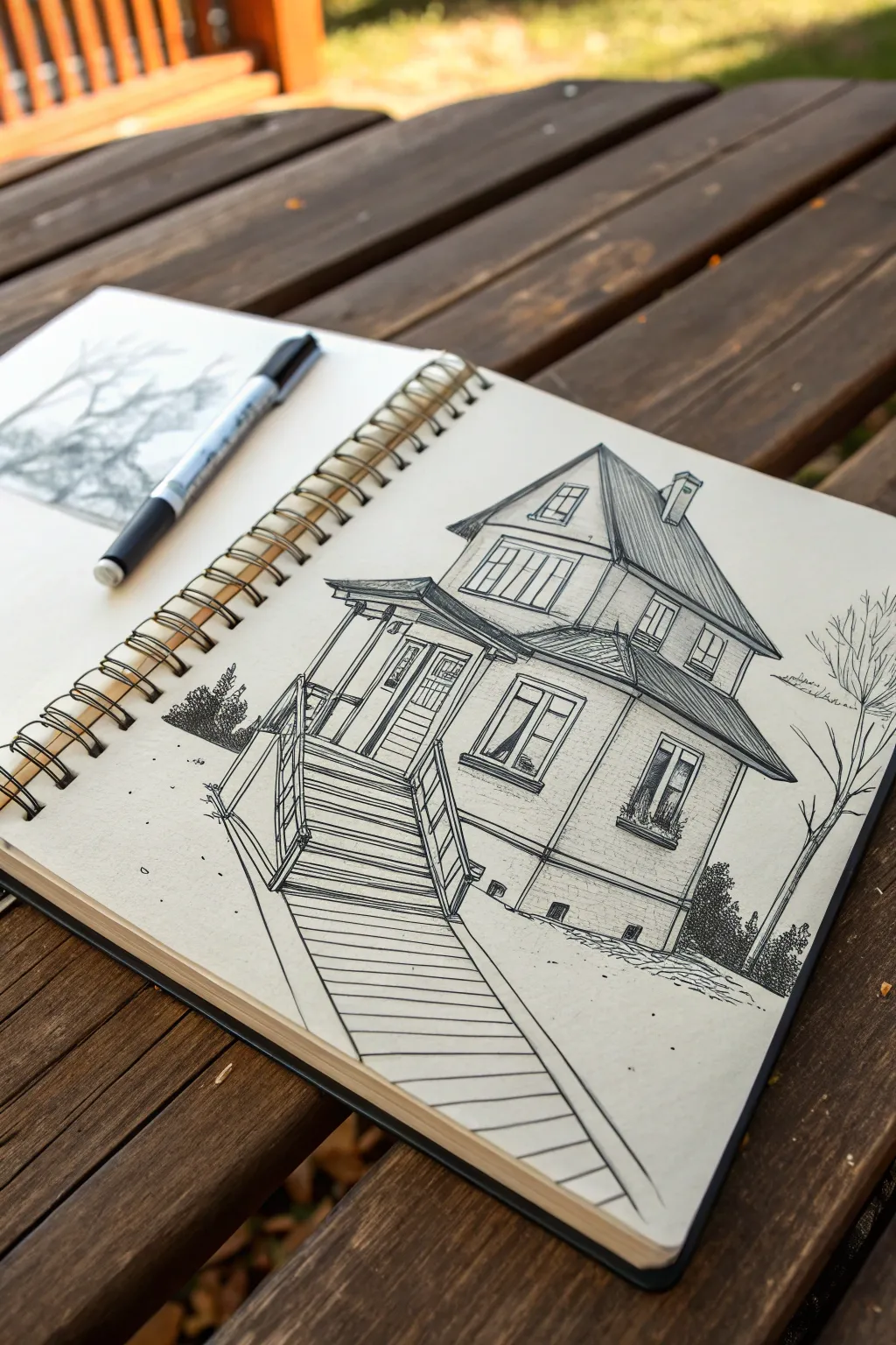 Minimal ink study of an impossible-perspective house, crisp lines and calm Scandinavian mood