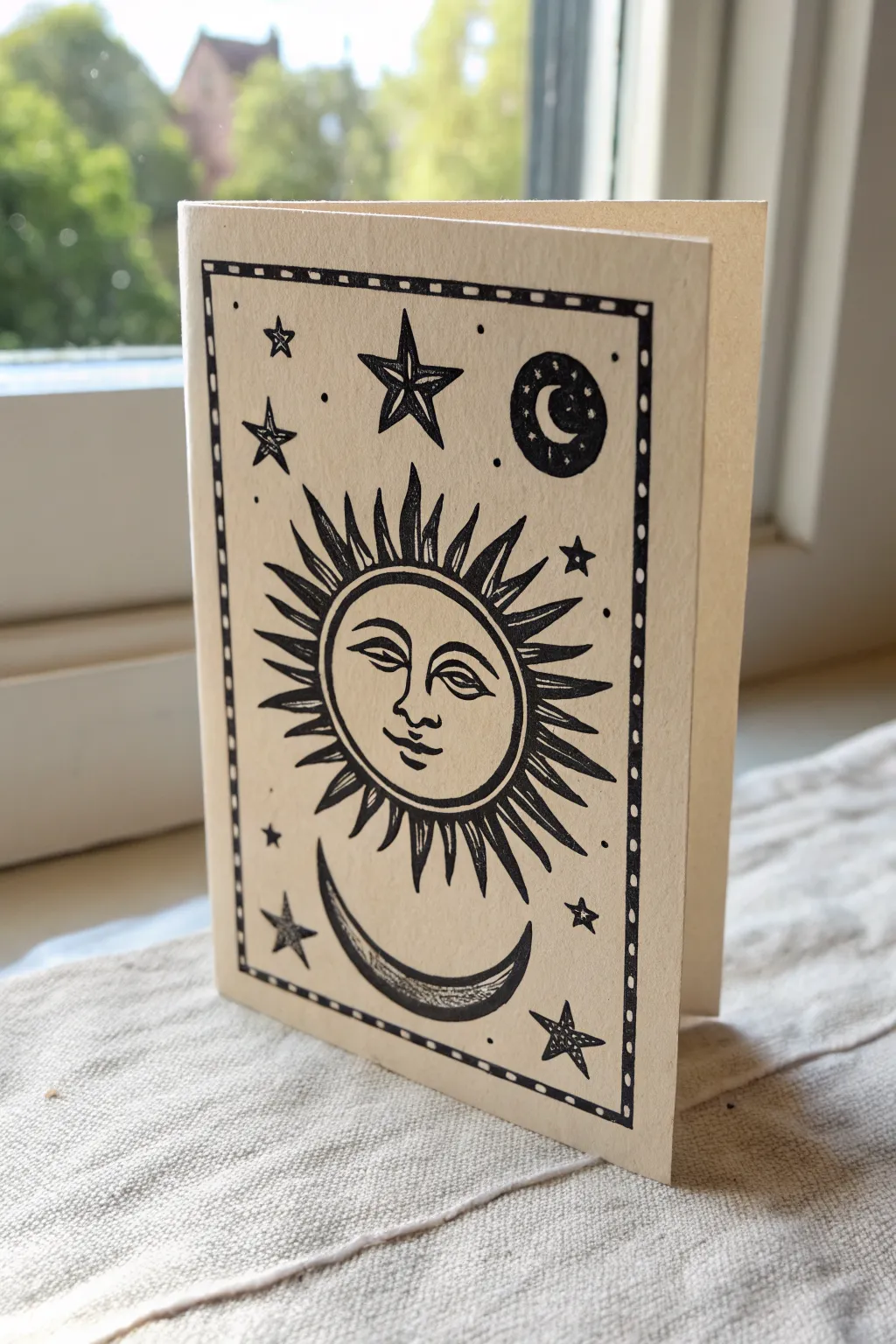 Sun and moon mystic linocut card idea with bold contrast, simple stars, and handmade charm.