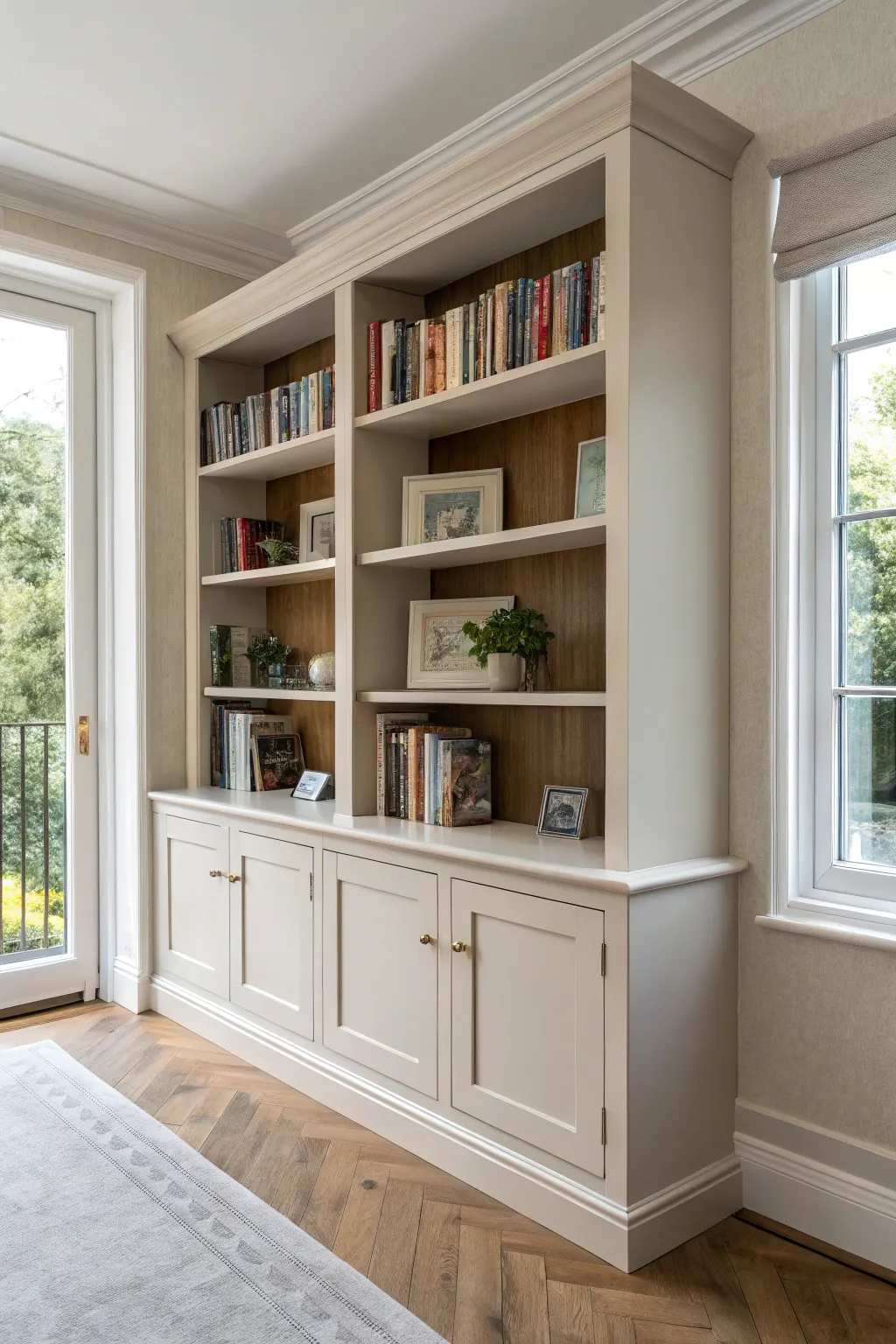 Matte frame, glossy shelf interiors catching window light for a refined high-contrast finish