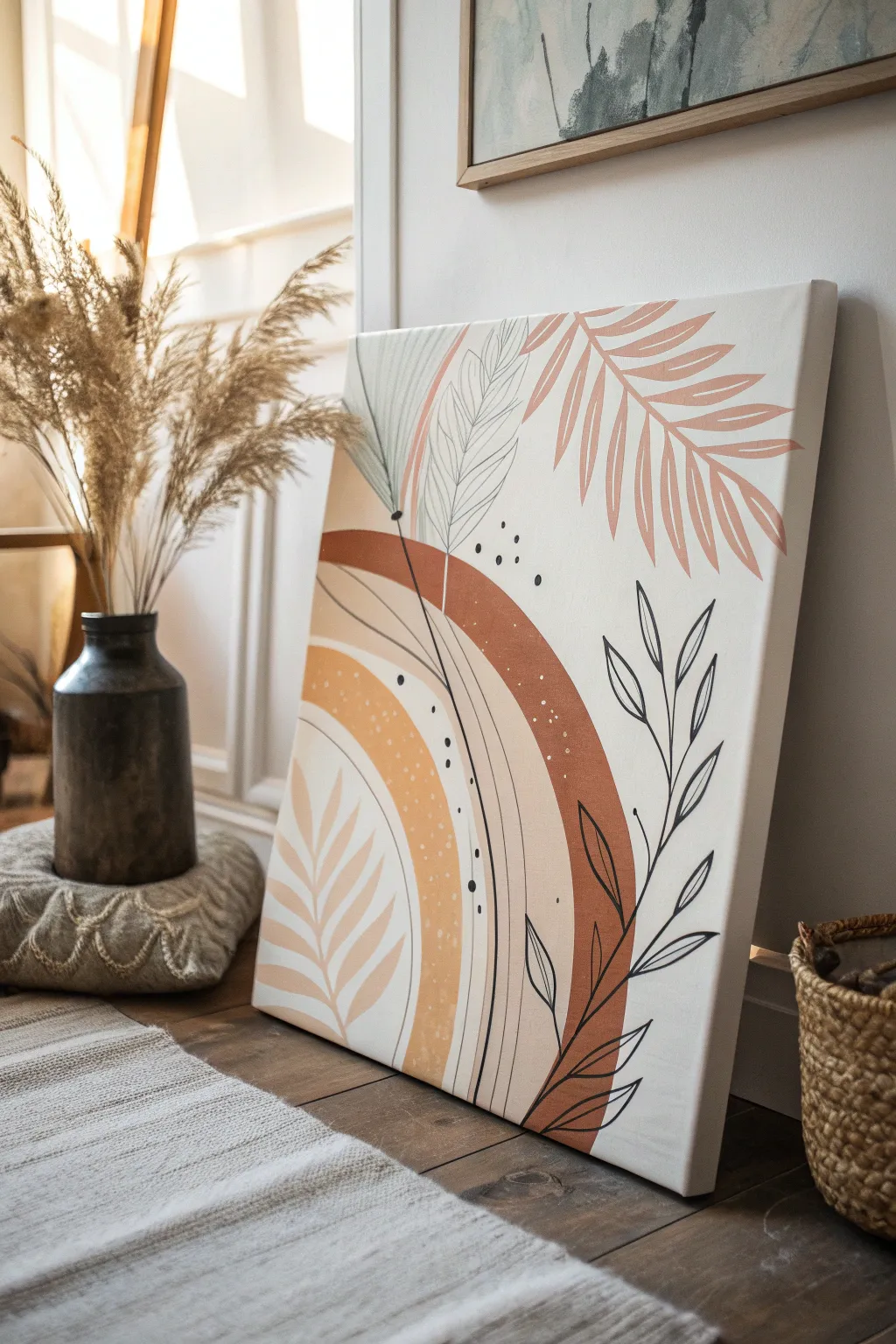 Minimal mixed-media canvas: bold painted shapes, fine line work, and soft texture layers
