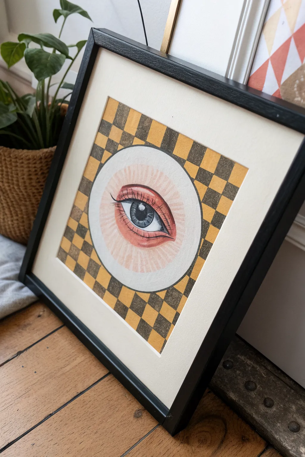 Paint an indie eye portal with a warped checkerboard for bold contrast and minimalist boho vibes