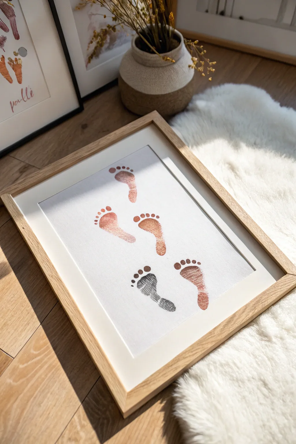 Ombré baby footprint trail, a minimalist growth keepsake in soft Scandinavian boho style.