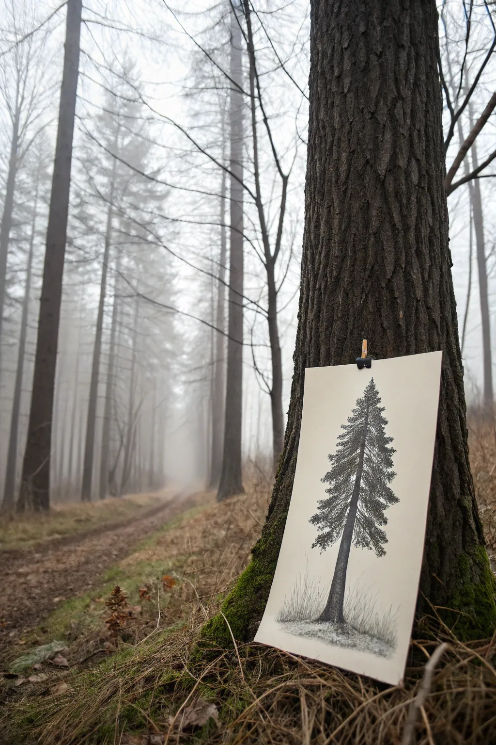 Moody forest sketch fading into mist, a beautiful way to practice atmospheric perspective.