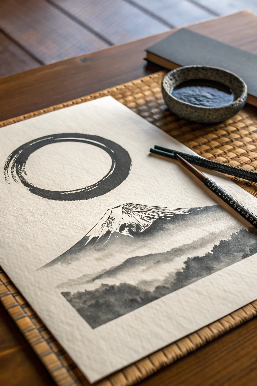 Bold enso circle framing tiny Mount Fuji with a soft ink-wash cloud, calm minimalist Zen mood