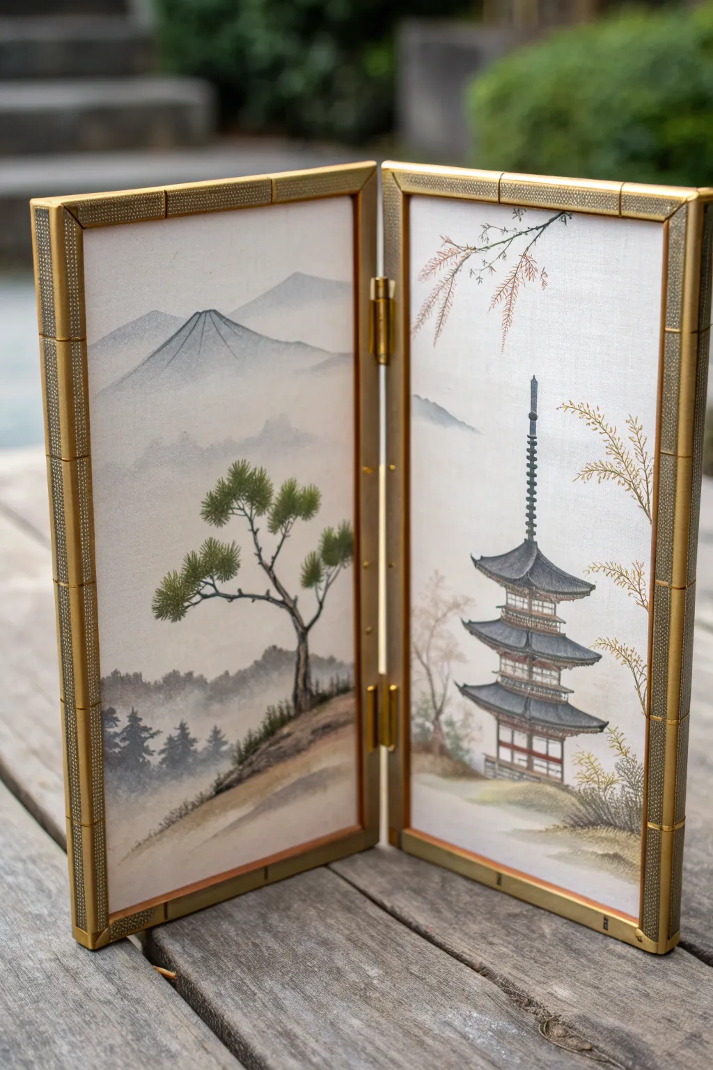 Mini byobu folding screen with misty hills and pagoda, handcrafted ink wash in calm neutral tones