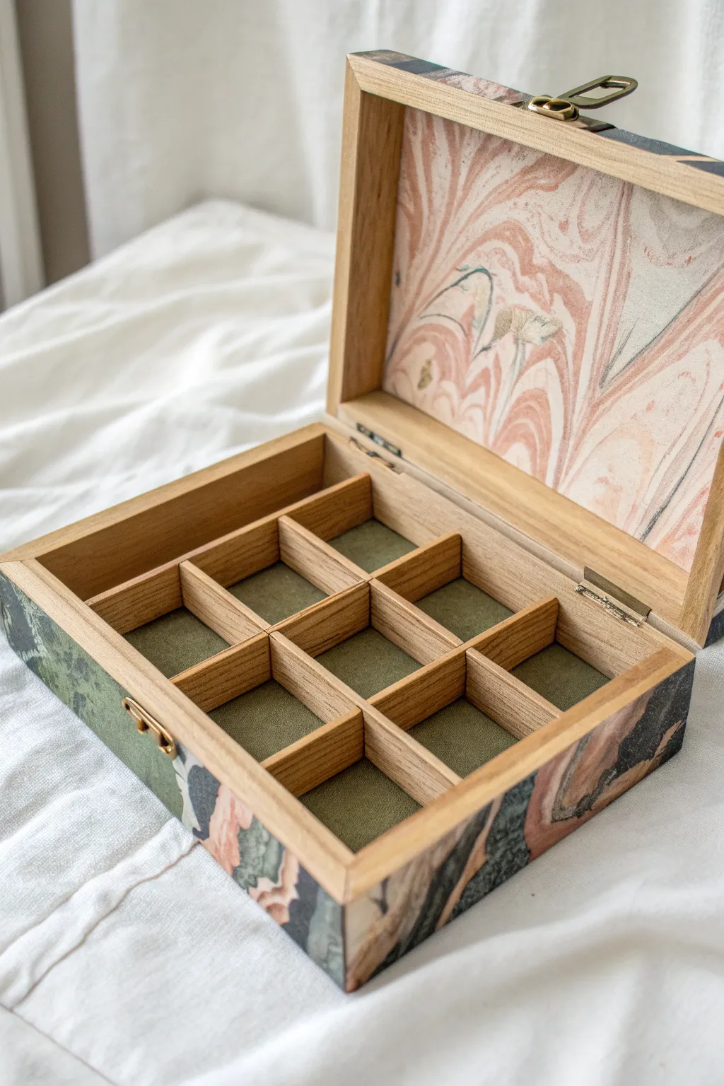 Marbled dip-paint jewelry box idea with crisp contrast, natural wood edge, and open compartments