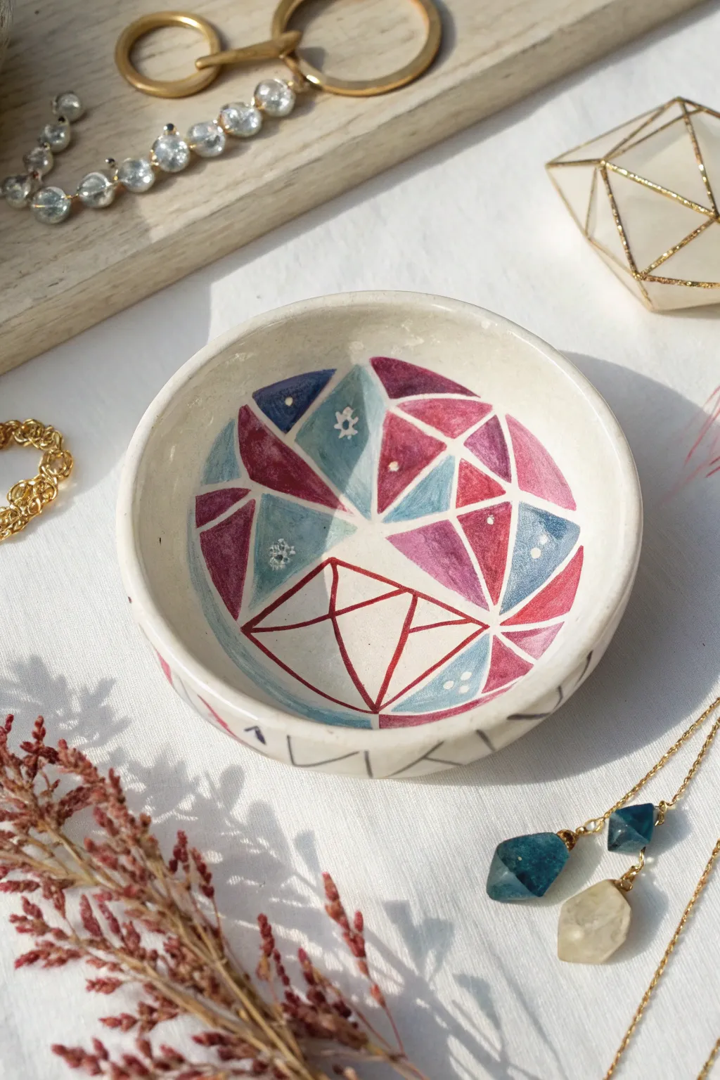 Crystal faceted ring dish gradient shading, minimal tools nearby for an elegant DIY moment