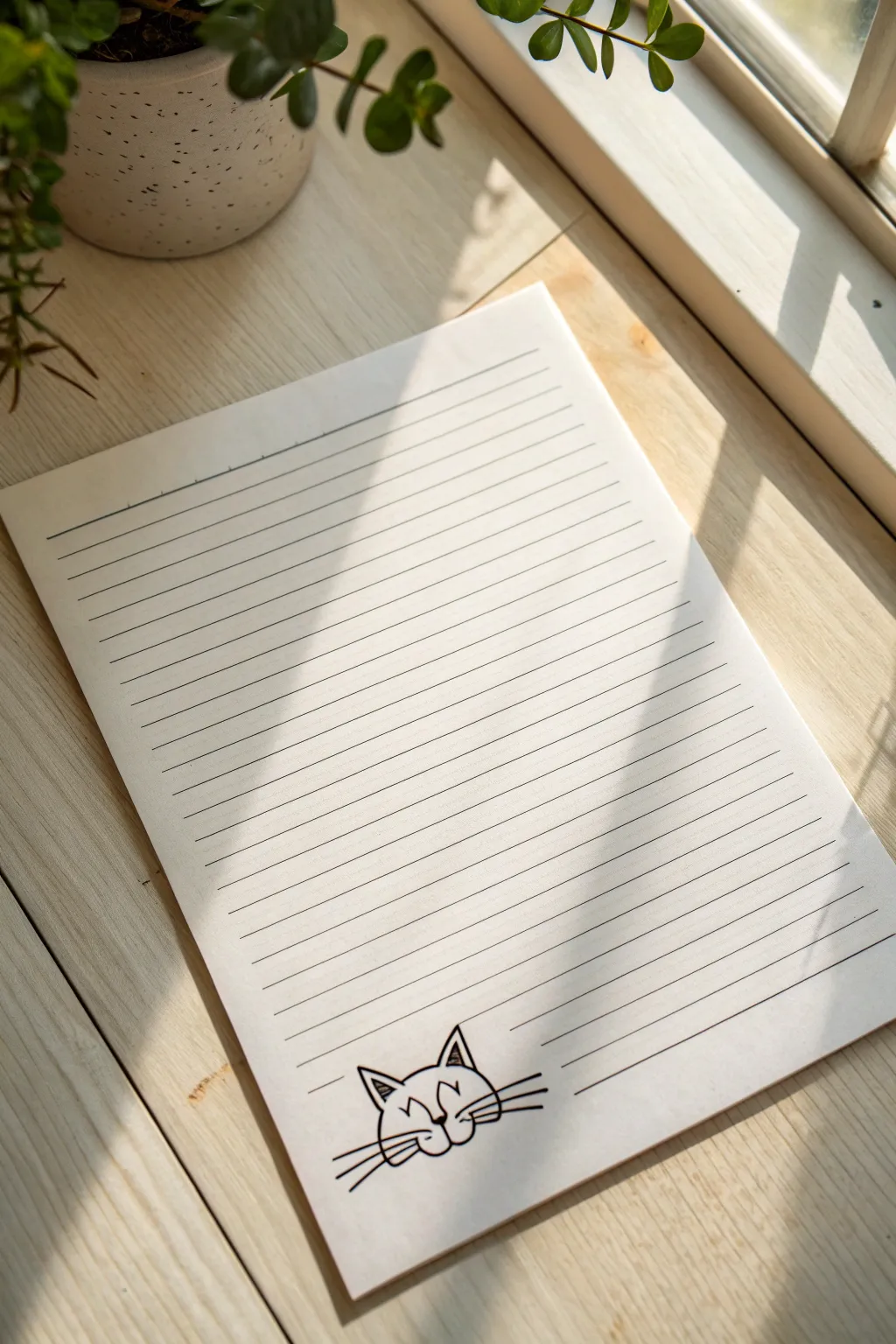 Easy juxtaposition sketch: a cat face peeking through blinds made from notebook lines.
