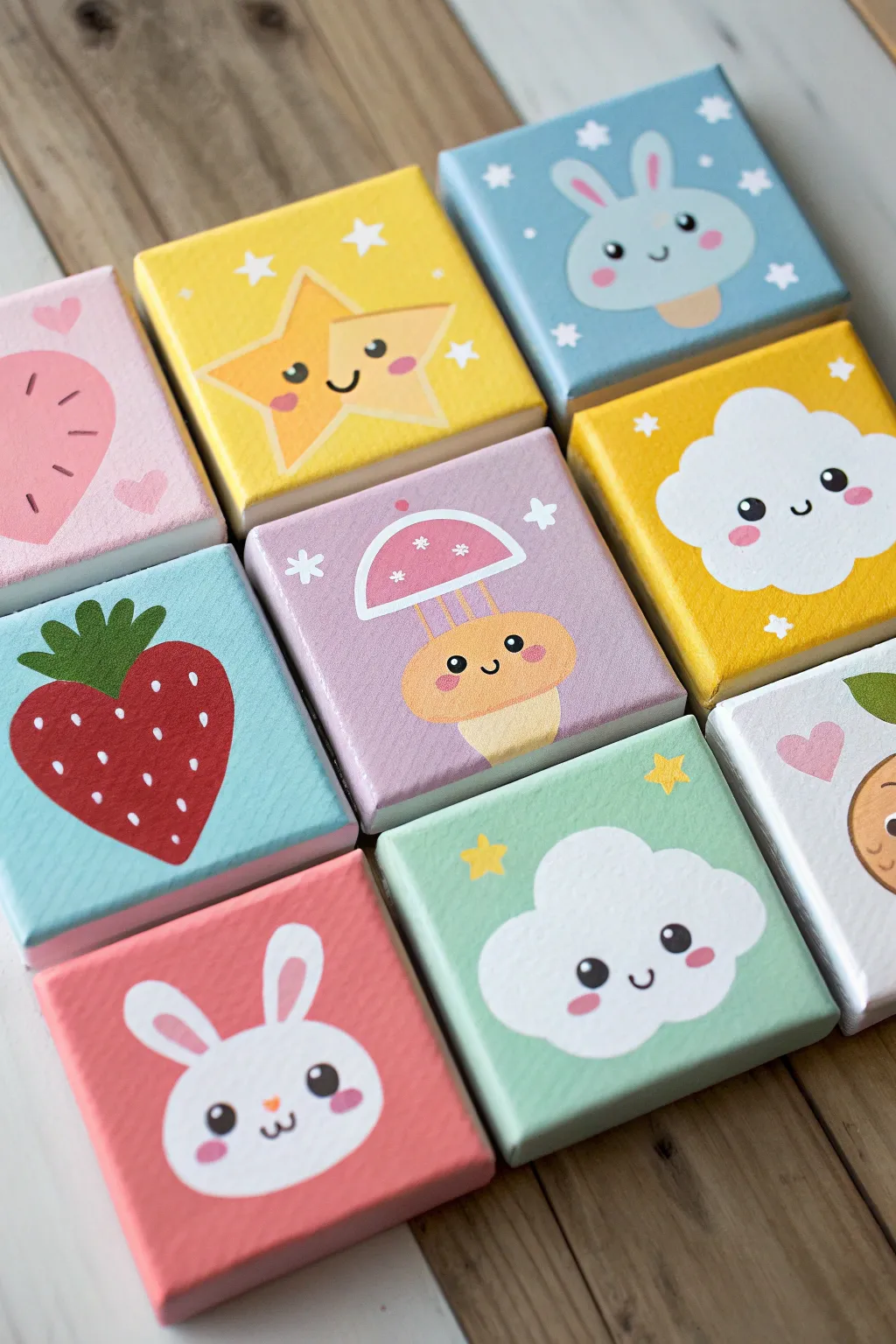 A 3x3 kawaii mini canvas grid in soft pastels, clean minimalist styling, and cozy handmade charm